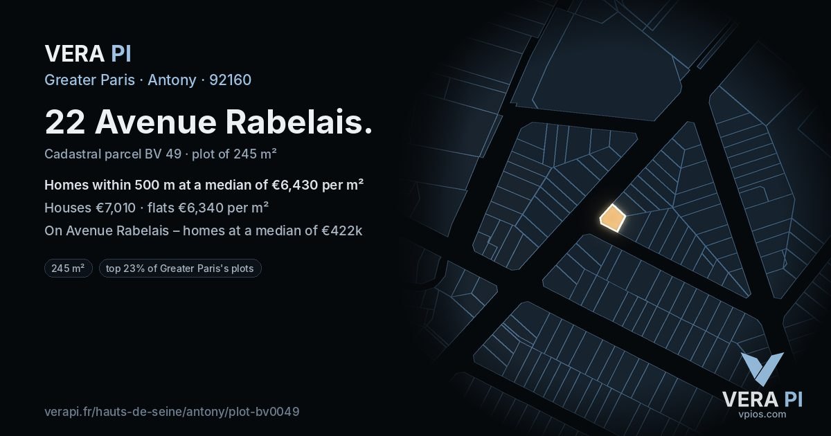 22 Avenue Rabelais, Antony at night – the plot lit, the parcels around coloured by the prices near them