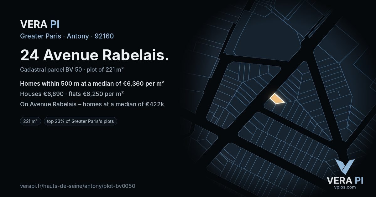 24 Avenue Rabelais, Antony at night – the plot lit, the parcels around coloured by the prices near them
