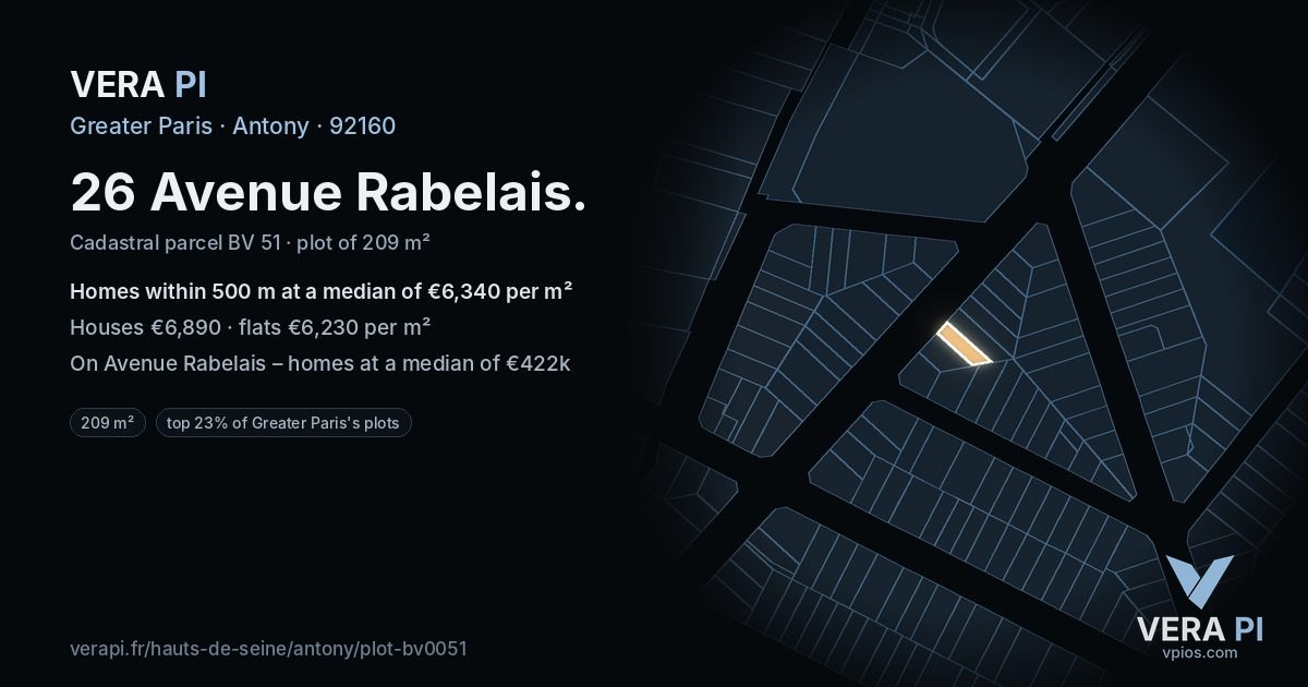 26 Avenue Rabelais, Antony at night – the plot lit, the parcels around coloured by the prices near them