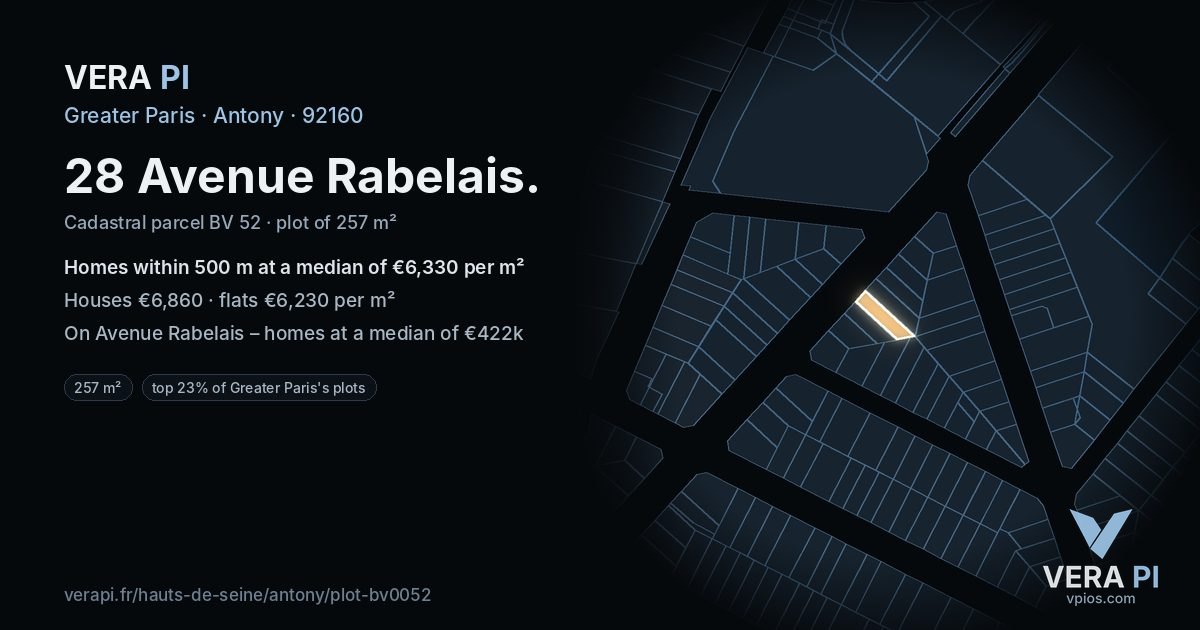 28 Avenue Rabelais, Antony at night – the plot lit, the parcels around coloured by the prices near them