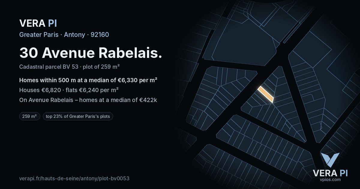 30 Avenue Rabelais, Antony at night – the plot lit, the parcels around coloured by the prices near them
