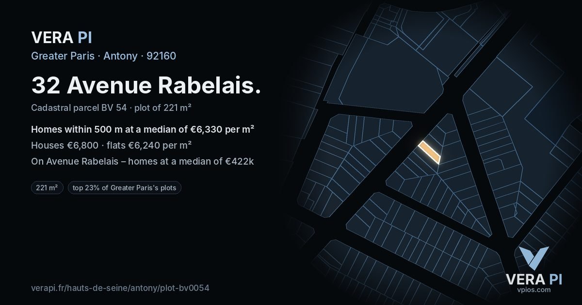 32 Avenue Rabelais, Antony at night – the plot lit, the parcels around coloured by the prices near them