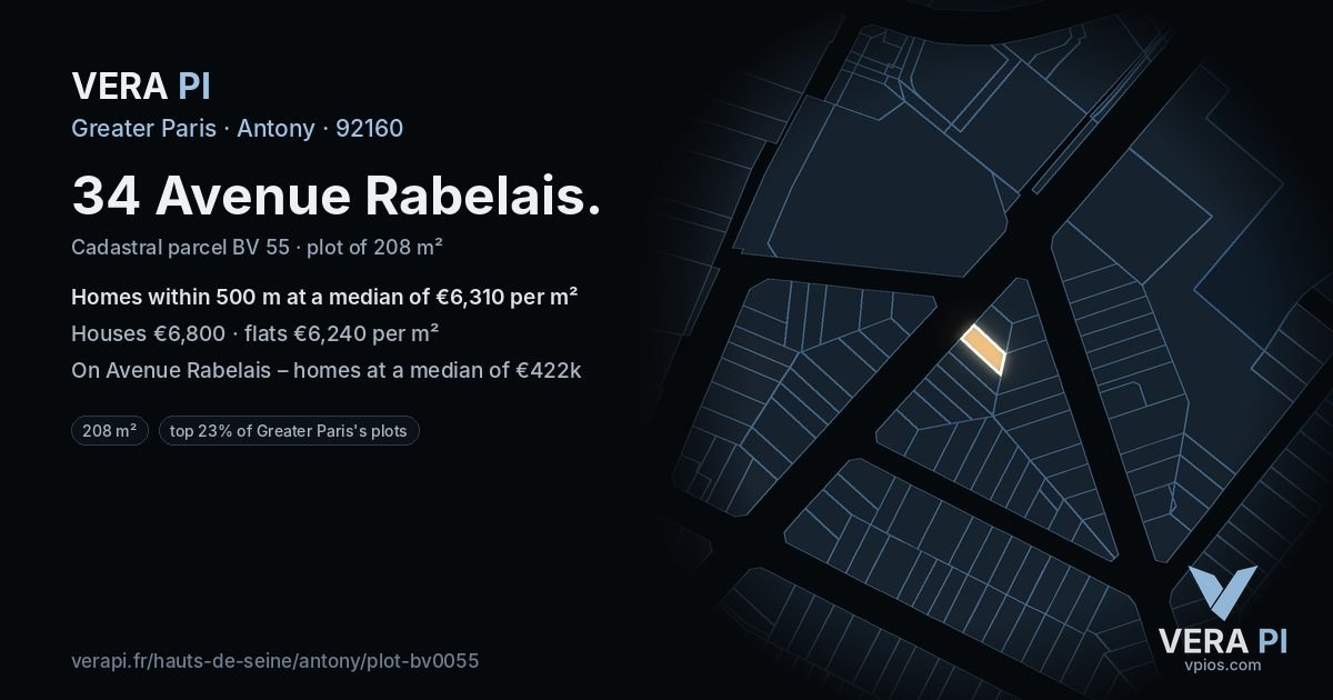 34 Avenue Rabelais, Antony at night – the plot lit, the parcels around coloured by the prices near them