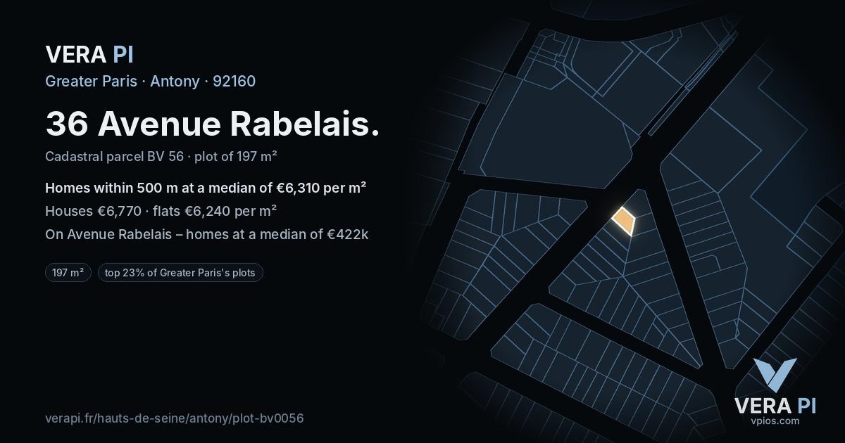 36 Avenue Rabelais, Antony at night – the plot lit, the parcels around coloured by the prices near them