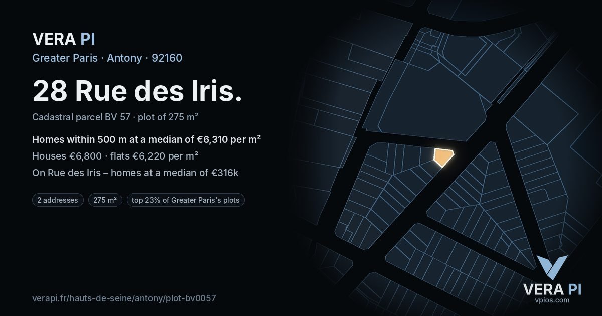28 Rue des Iris, Antony at night – the plot lit, the parcels around coloured by the prices near them