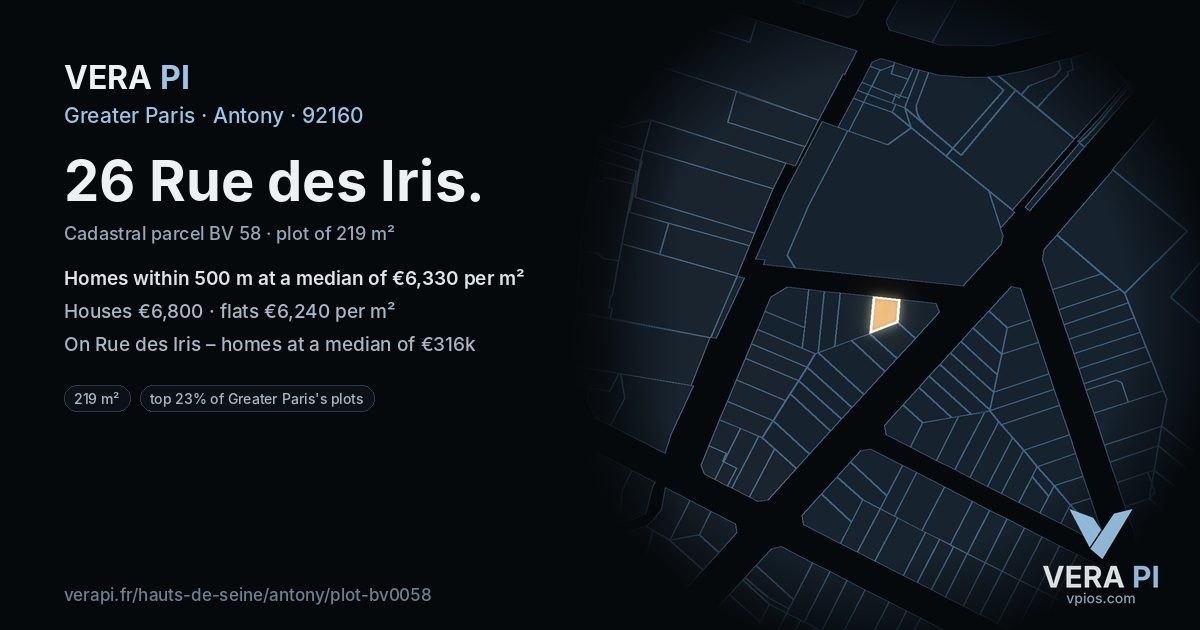 26 Rue des Iris, Antony at night – the plot lit, the parcels around coloured by the prices near them
