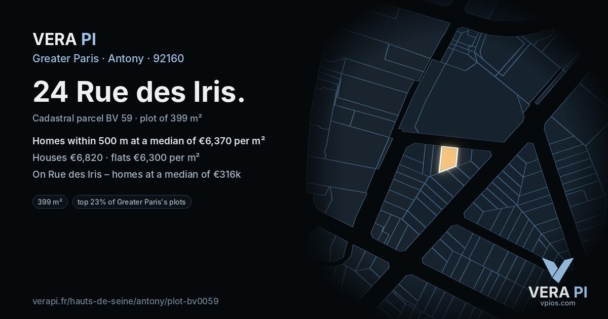 24 Rue des Iris, Antony at night – the plot lit, the parcels around coloured by the prices near them