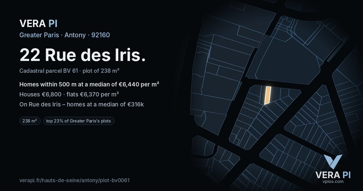 22 Rue des Iris, Antony at night – the plot lit, the parcels around coloured by the prices near them