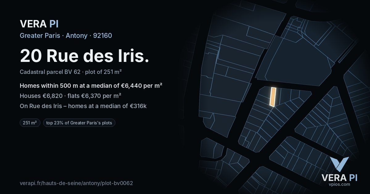 20 Rue des Iris, Antony at night – the plot lit, the parcels around coloured by the prices near them