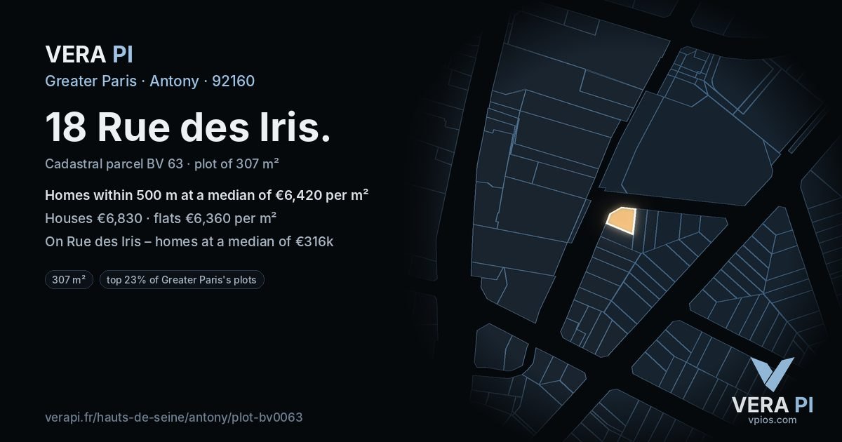 18 Rue des Iris, Antony at night – the plot lit, the parcels around coloured by the prices near them