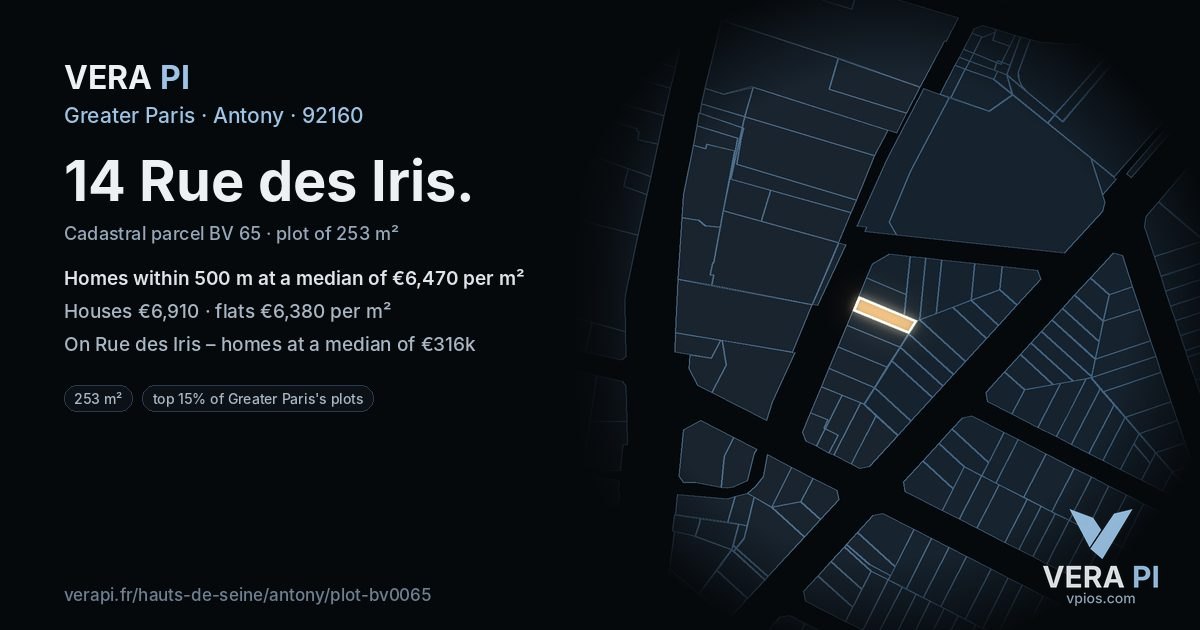 14 Rue des Iris, Antony at night – the plot lit, the parcels around coloured by the prices near them