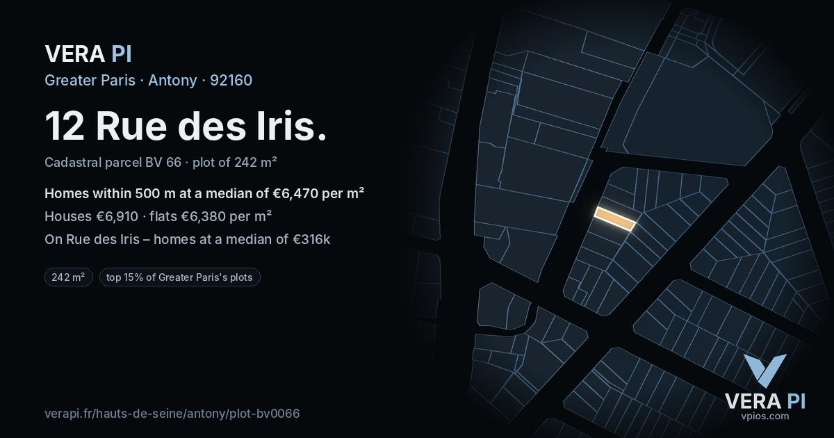 12 Rue des Iris, Antony at night – the plot lit, the parcels around coloured by the prices near them