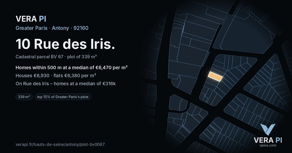 10 Rue des Iris, Antony at night – the plot lit, the parcels around coloured by the prices near them