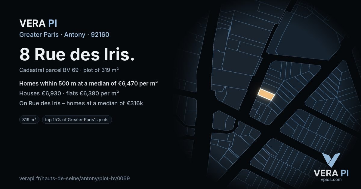 8 Rue des Iris, Antony at night – the plot lit, the parcels around coloured by the prices near them