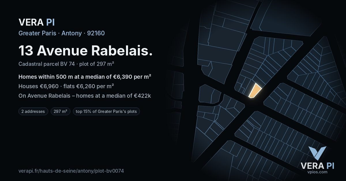 13 Avenue Rabelais, Antony at night – the plot lit, the parcels around coloured by the prices near them