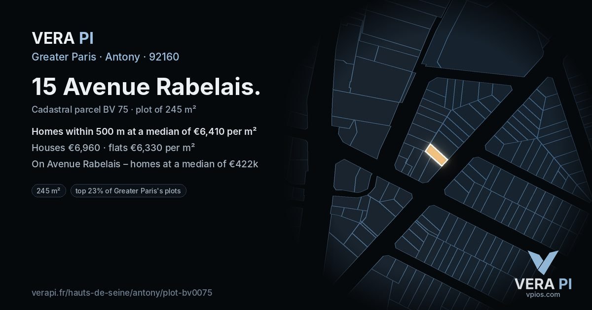 15 Avenue Rabelais, Antony at night – the plot lit, the parcels around coloured by the prices near them