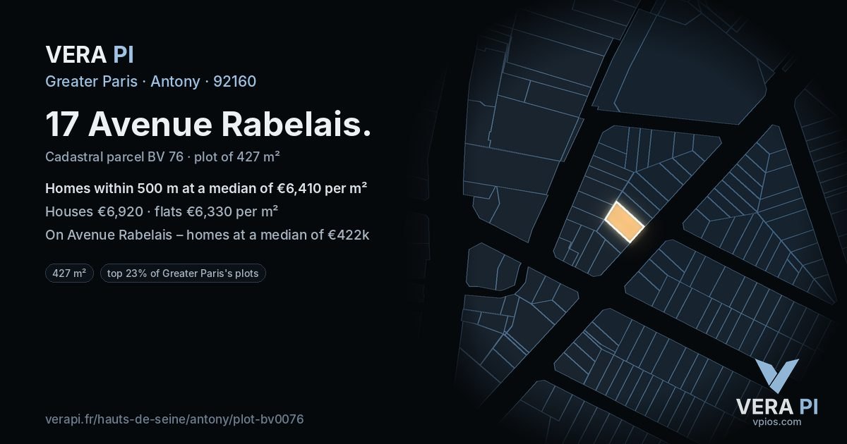 17 Avenue Rabelais, Antony at night – the plot lit, the parcels around coloured by the prices near them