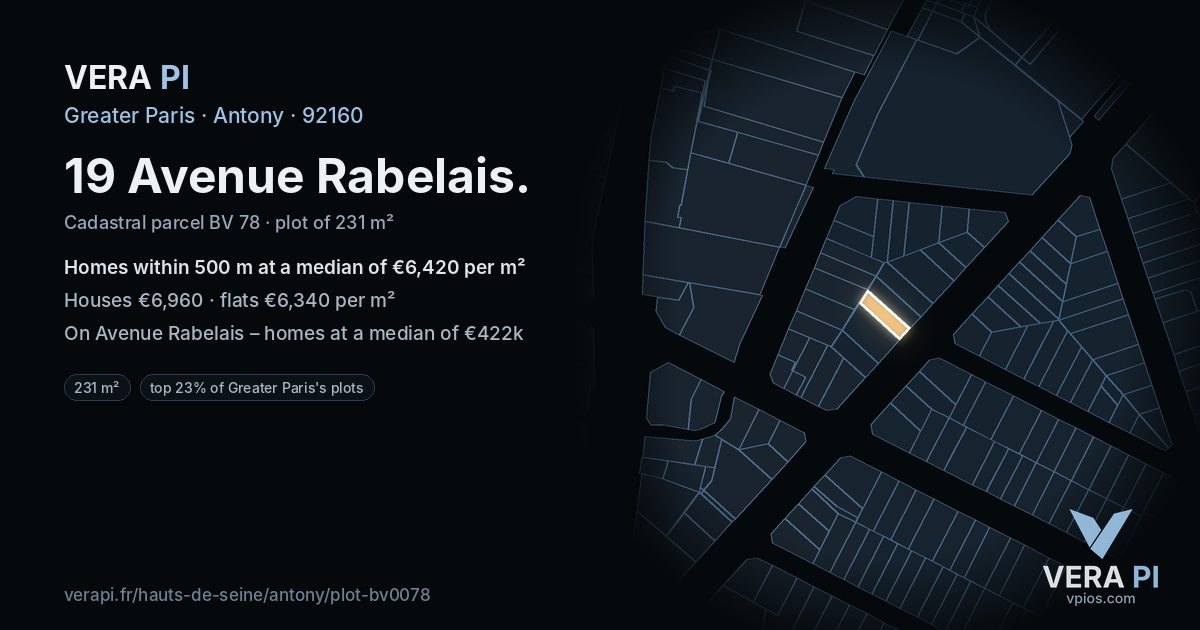 19 Avenue Rabelais, Antony at night – the plot lit, the parcels around coloured by the prices near them