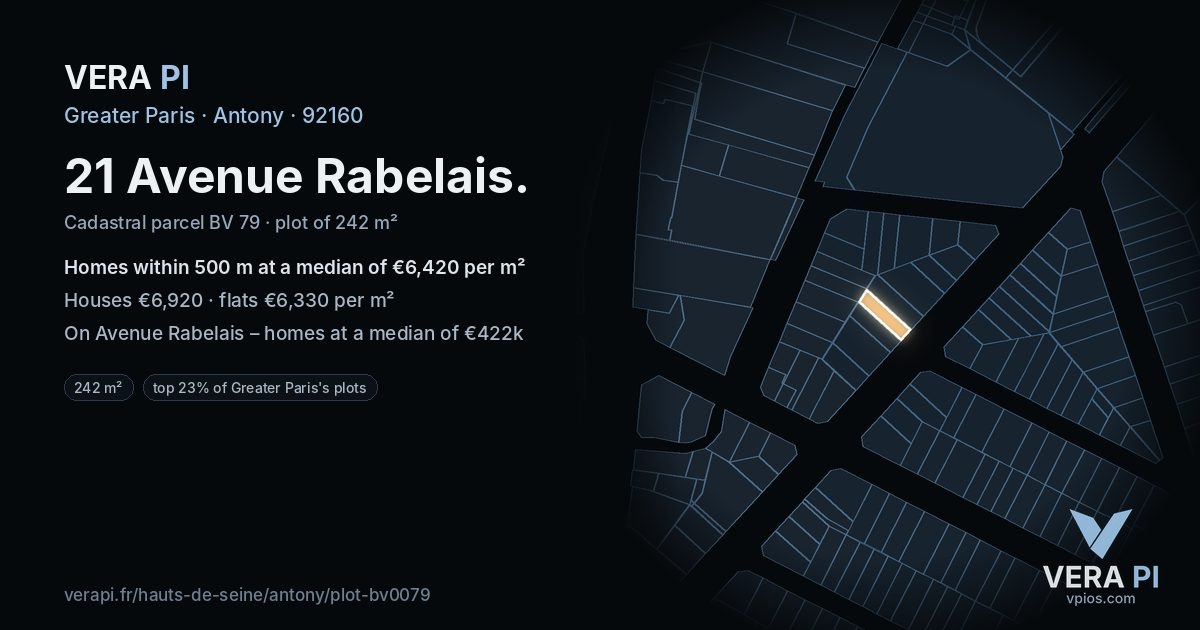 21 Avenue Rabelais, Antony at night – the plot lit, the parcels around coloured by the prices near them