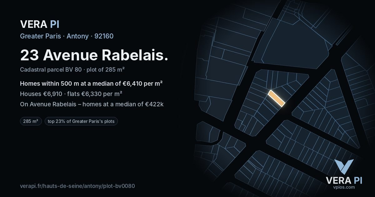 23 Avenue Rabelais, Antony at night – the plot lit, the parcels around coloured by the prices near them