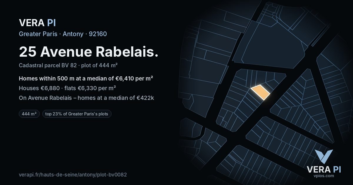 25 Avenue Rabelais, Antony at night – the plot lit, the parcels around coloured by the prices near them