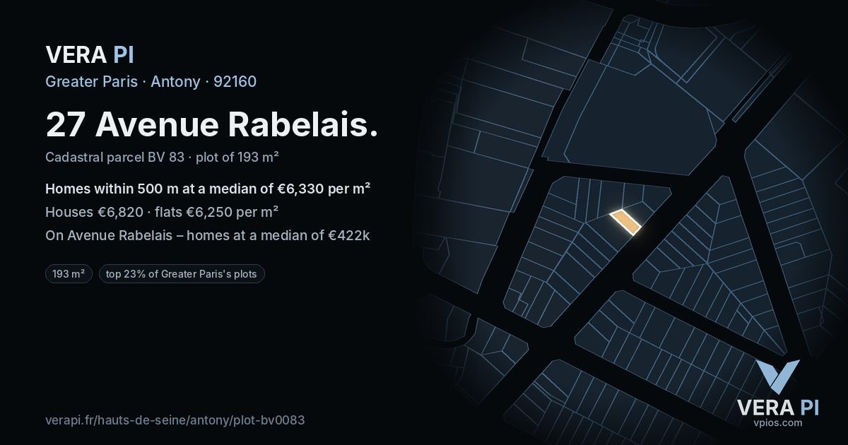 27 Avenue Rabelais, Antony at night – the plot lit, the parcels around coloured by the prices near them