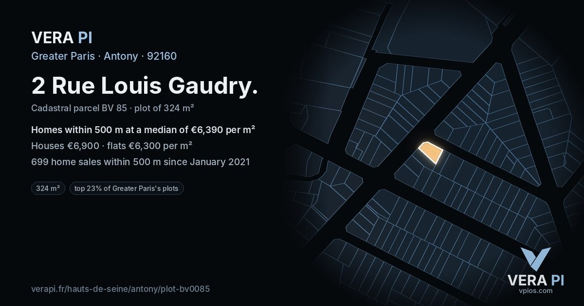 2 Rue Louis Gaudry, Antony at night – the plot lit, the parcels around coloured by the prices near them