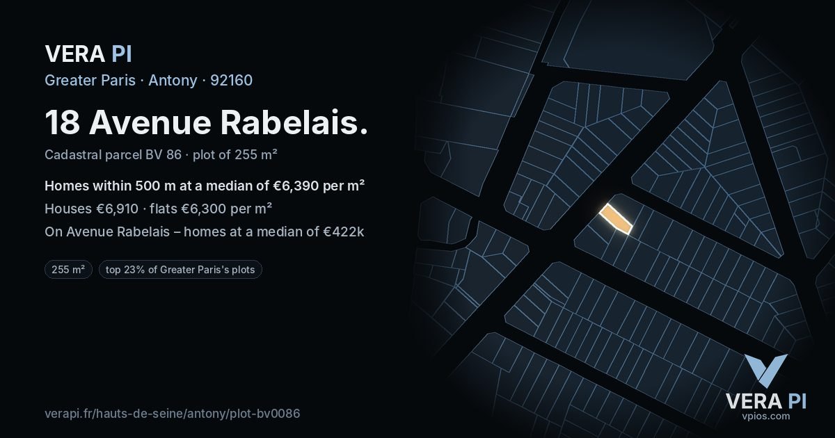 18 Avenue Rabelais, Antony at night – the plot lit, the parcels around coloured by the prices near them