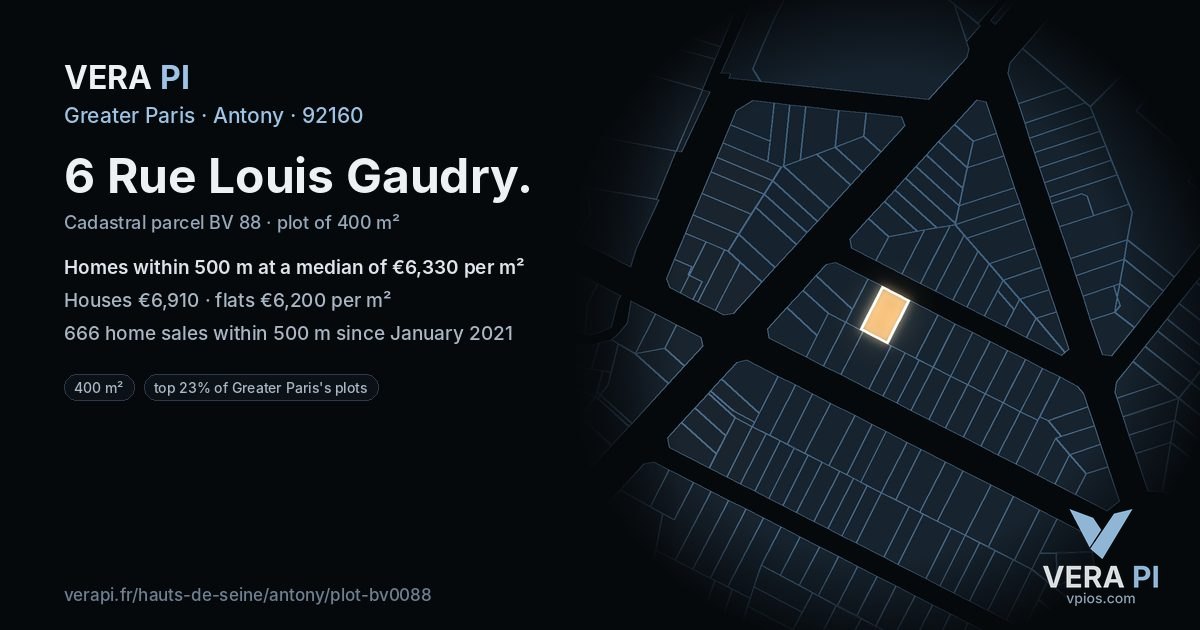 6 Rue Louis Gaudry, Antony at night – the plot lit, the parcels around coloured by the prices near them