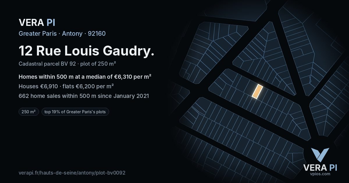 12 Rue Louis Gaudry, Antony at night – the plot lit, the parcels around coloured by the prices near them