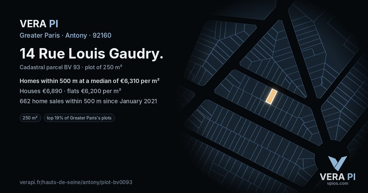 14 Rue Louis Gaudry, Antony at night – the plot lit, the parcels around coloured by the prices near them