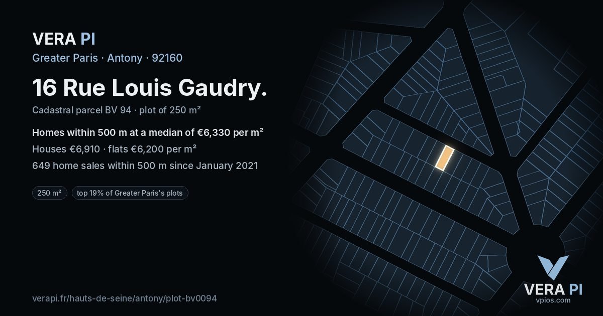 16 Rue Louis Gaudry, Antony at night – the plot lit, the parcels around coloured by the prices near them