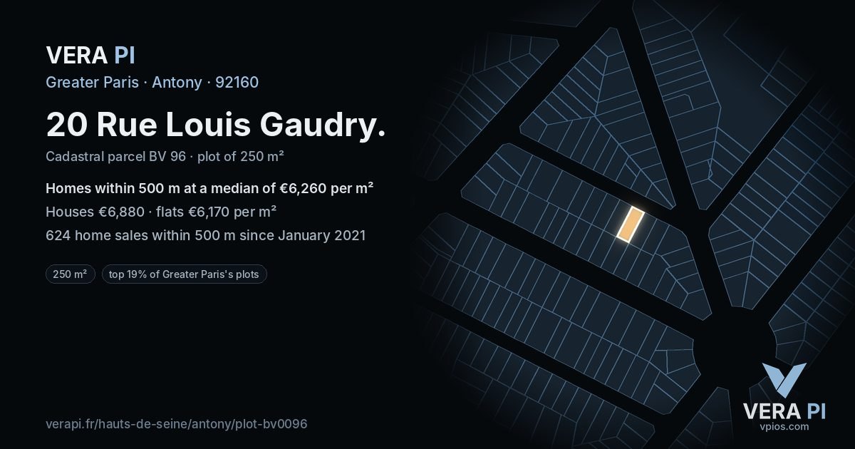 20 Rue Louis Gaudry, Antony at night – the plot lit, the parcels around coloured by the prices near them