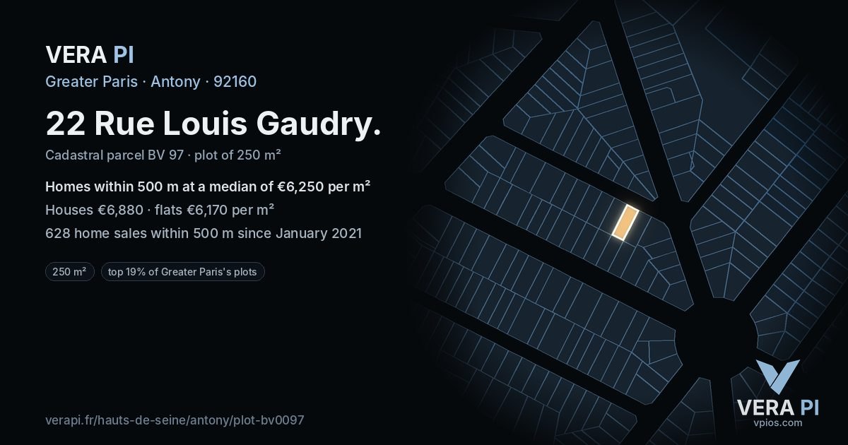 22 Rue Louis Gaudry, Antony at night – the plot lit, the parcels around coloured by the prices near them