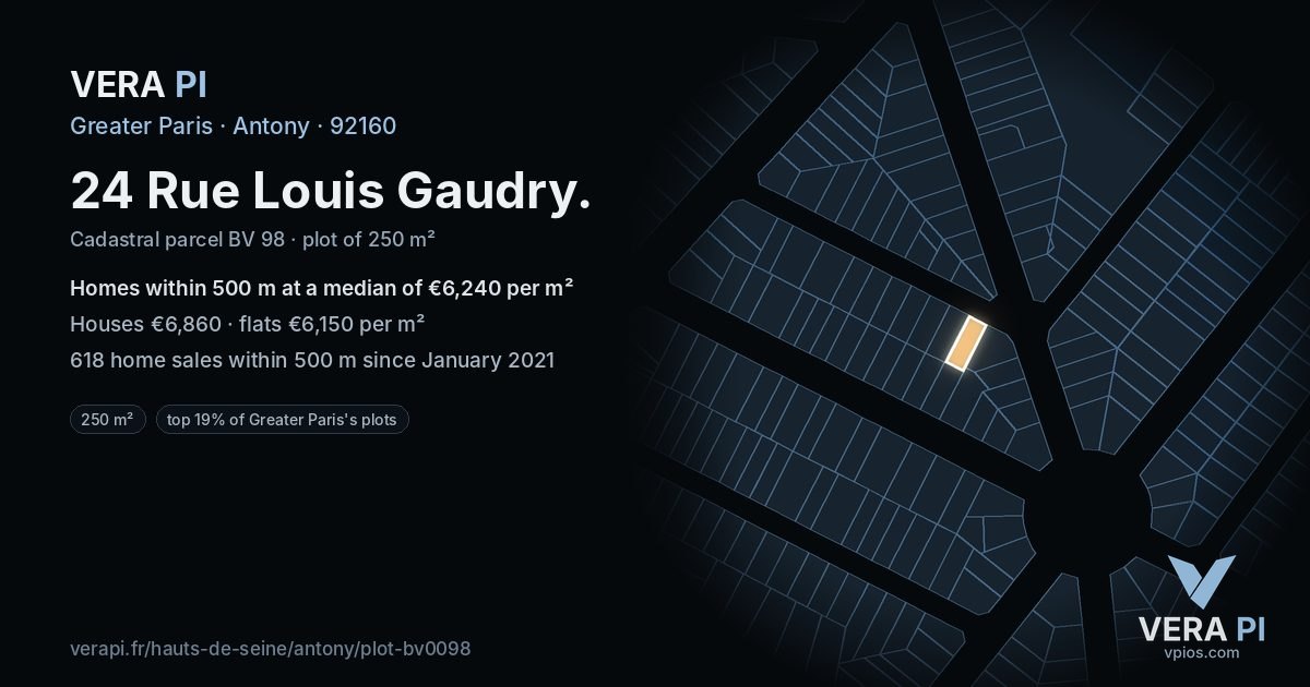 24 Rue Louis Gaudry, Antony at night – the plot lit, the parcels around coloured by the prices near them