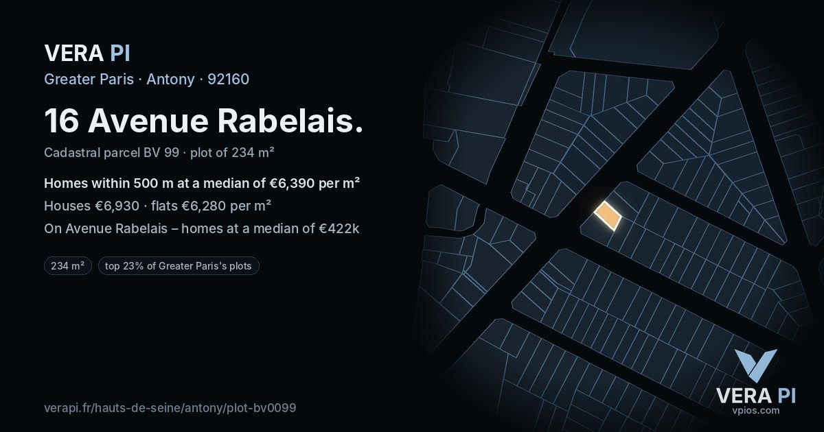 16 Avenue Rabelais, Antony at night – the plot lit, the parcels around coloured by the prices near them