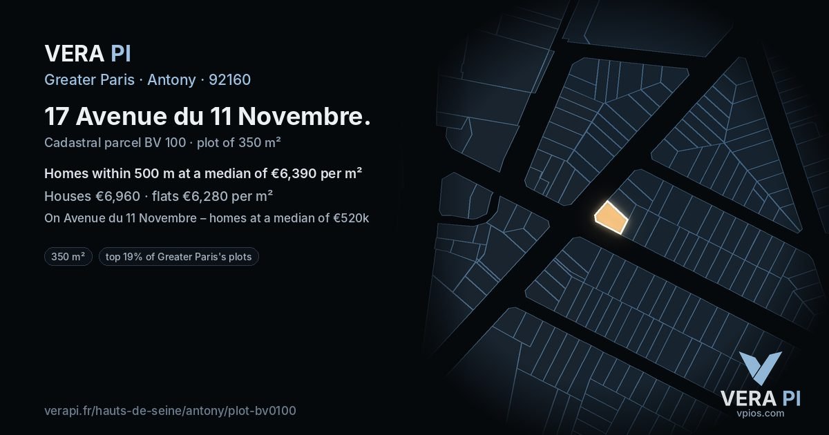 17 Avenue du 11 Novembre, Antony at night – the plot lit, the parcels around coloured by the prices near them