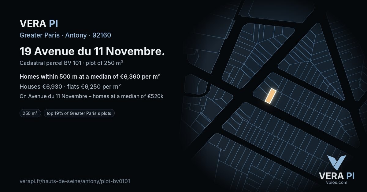 19 Avenue du 11 Novembre, Antony at night – the plot lit, the parcels around coloured by the prices near them