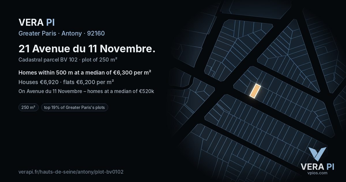 21 Avenue du 11 Novembre, Antony at night – the plot lit, the parcels around coloured by the prices near them