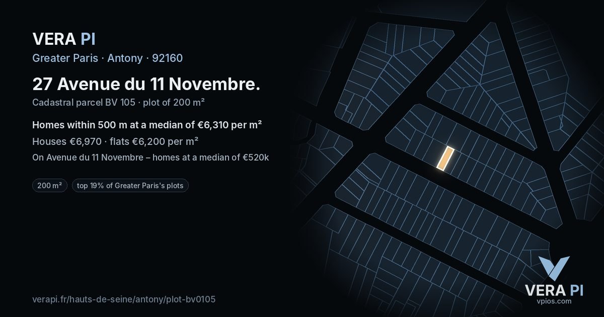 27 Avenue du 11 Novembre, Antony at night – the plot lit, the parcels around coloured by the prices near them