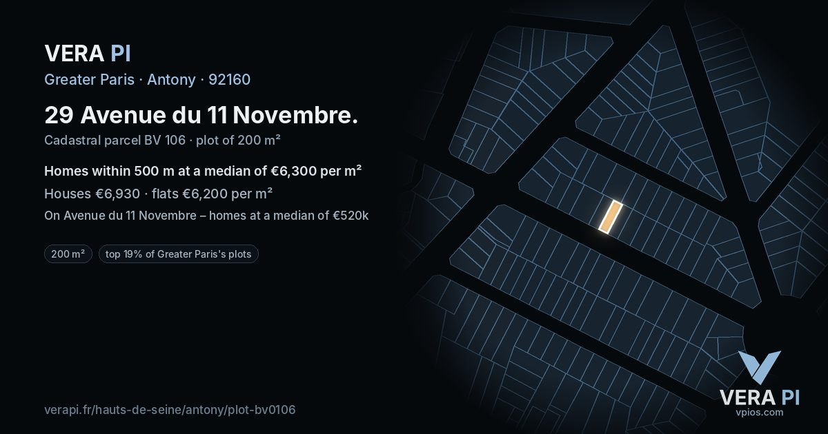 29 Avenue du 11 Novembre, Antony at night – the plot lit, the parcels around coloured by the prices near them