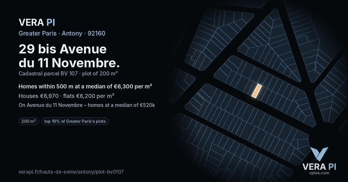 29 bis Avenue du 11 Novembre, Antony at night – the plot lit, the parcels around coloured by the prices near them