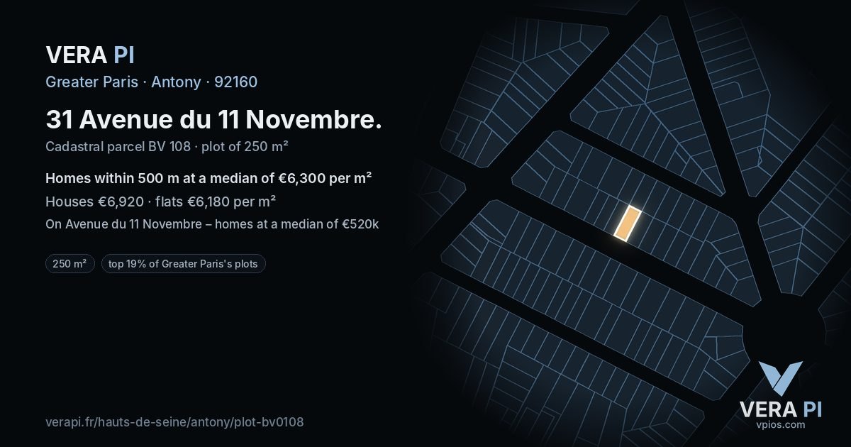 31 Avenue du 11 Novembre, Antony at night – the plot lit, the parcels around coloured by the prices near them