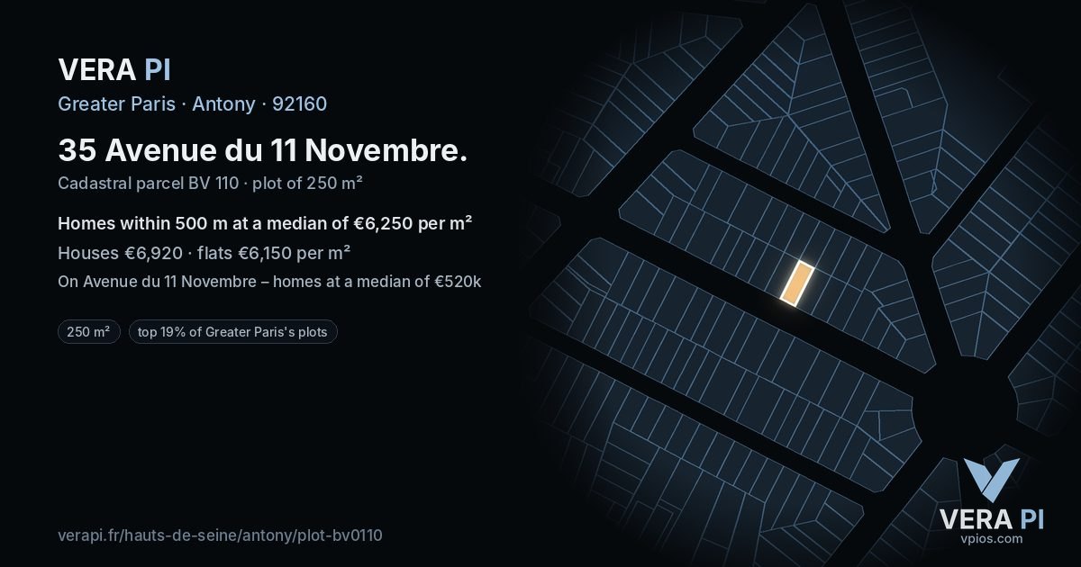 35 Avenue du 11 Novembre, Antony at night – the plot lit, the parcels around coloured by the prices near them