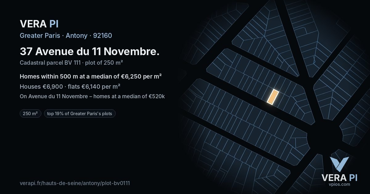 37 Avenue du 11 Novembre, Antony at night – the plot lit, the parcels around coloured by the prices near them