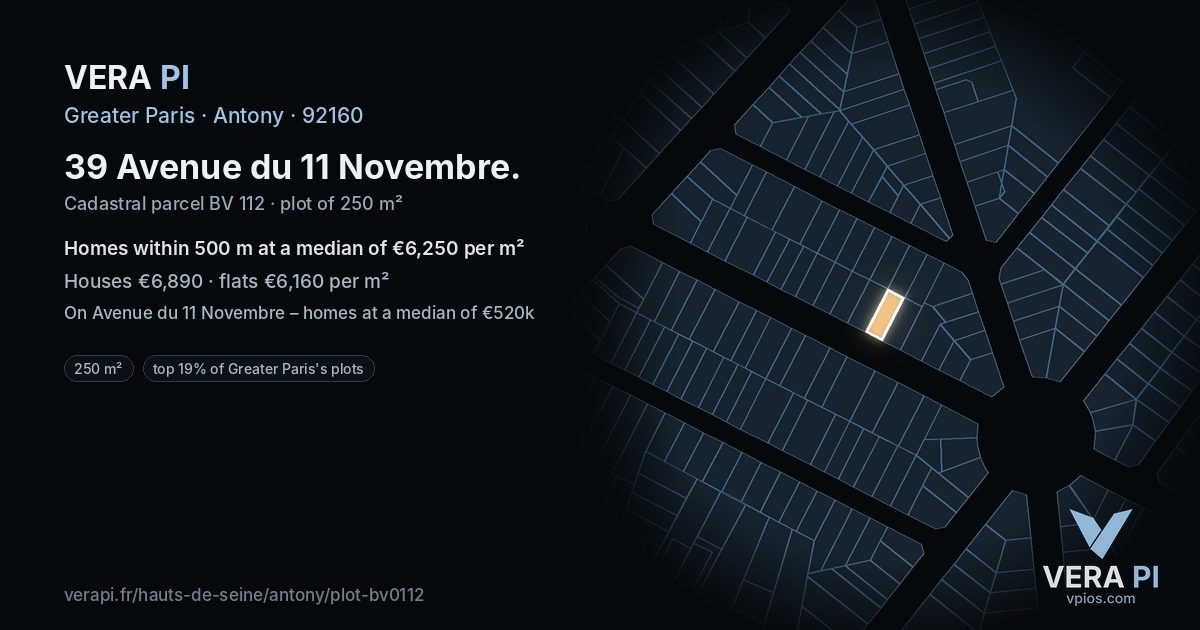 39 Avenue du 11 Novembre, Antony at night – the plot lit, the parcels around coloured by the prices near them