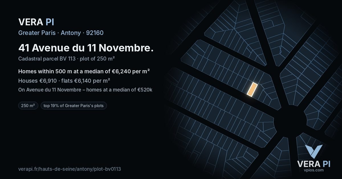 41 Avenue du 11 Novembre, Antony at night – the plot lit, the parcels around coloured by the prices near them
