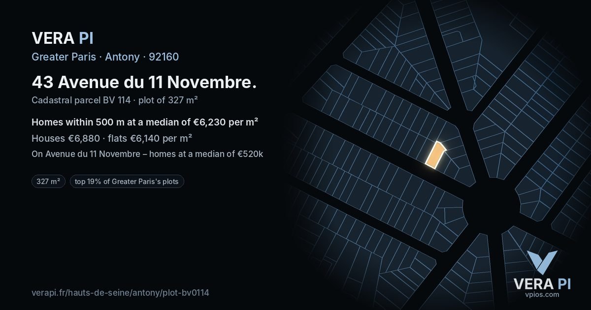 43 Avenue du 11 Novembre, Antony at night – the plot lit, the parcels around coloured by the prices near them