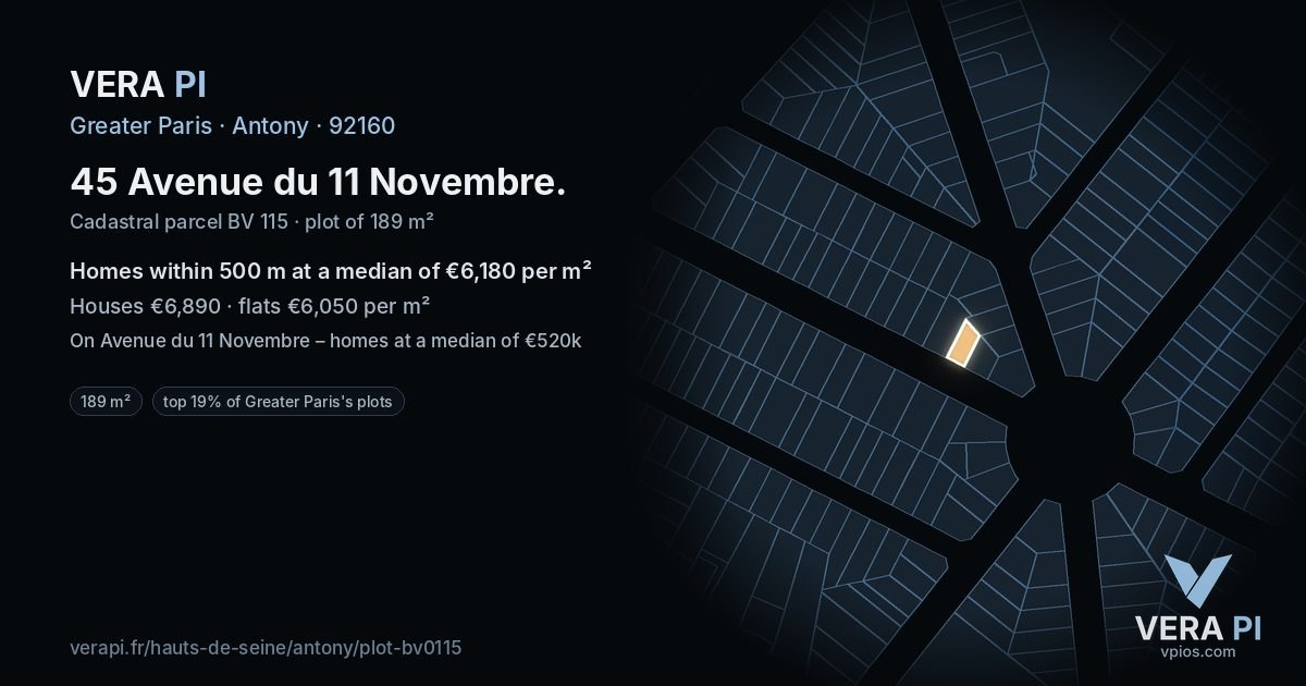 45 Avenue du 11 Novembre, Antony at night – the plot lit, the parcels around coloured by the prices near them