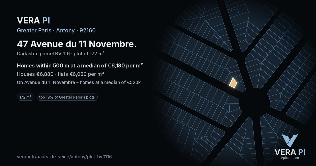 47 Avenue du 11 Novembre, Antony at night – the plot lit, the parcels around coloured by the prices near them